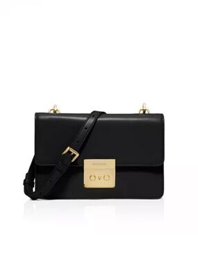 Michael Kors Black Leather Push Lock Flap Crossbody Bag Gold Hardware